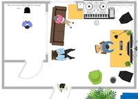 a floor plan of a room with a desk and chairs